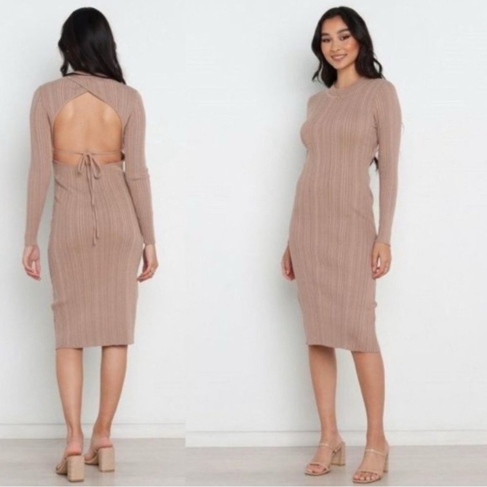 NWT Petal & Pup Milleri Long Sleeve Open Back Ribbed Midi Dress in Camel Tan